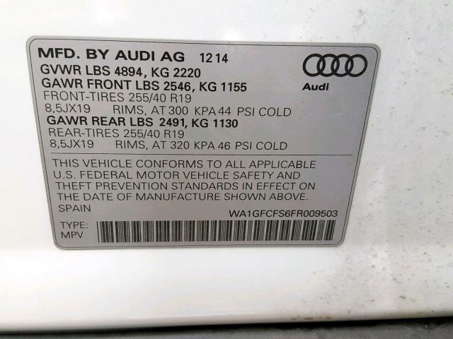 WA1GFCFS6FR009503 - 2015 AUDI Q3 PRESTIG WHITE photo 10