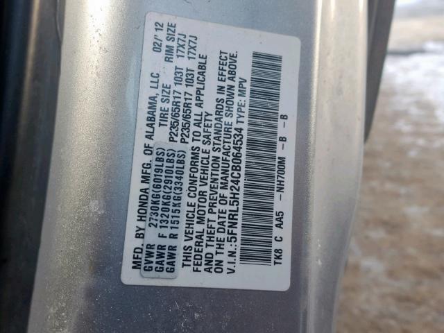 5FNRL5H24CB064534 - 2012 HONDA ODYSSEY LX SILVER photo 10