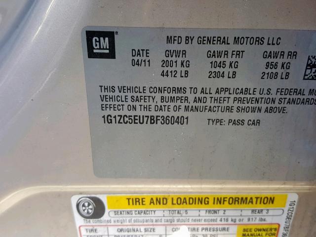 1G1ZC5EU7BF360401 - 2011 CHEVROLET MALIBU 1LT ოქროსფერი ფოტო 10