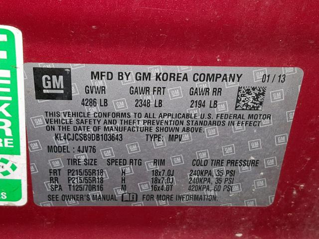 KL4CJCSB9DB103643 - 2013 BUICK ENCORE RED photo 10