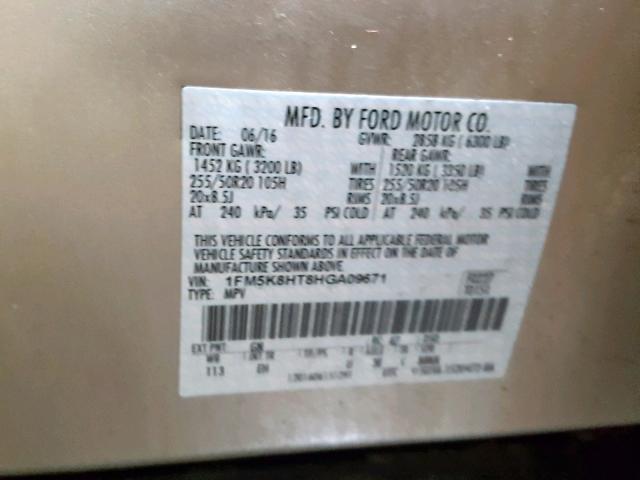 1FM5K8HT8HGA09671 - 2017 FORD EXPLORER P BEIGE photo 10