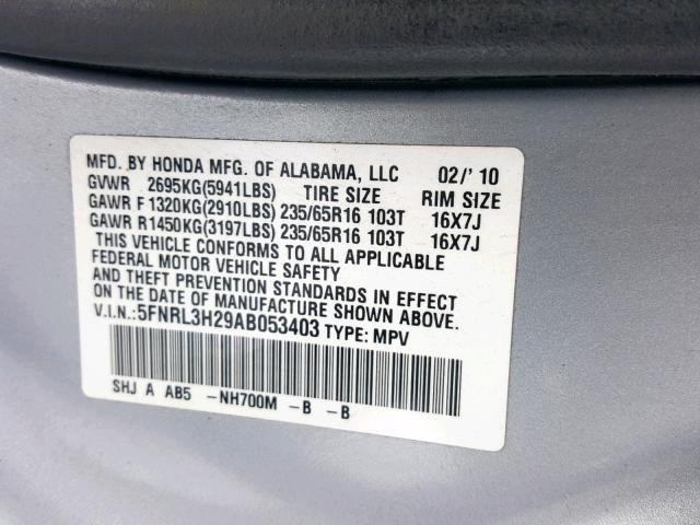 5FNRL3H29AB053403 - 2010 HONDA ODYSSEY LX SILVER photo 10