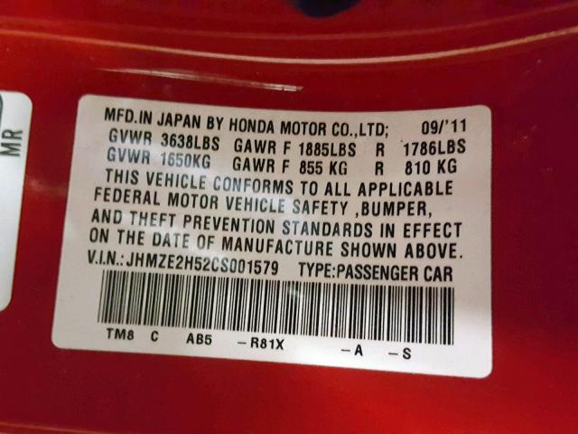 JHMZE2H52CS001579 - 2012 HONDA INSIGHT LX RED photo 10