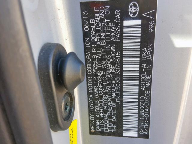 JTKJF5C70E3072615 - 2014 TOYOTA SCION TC SILVER photo 10