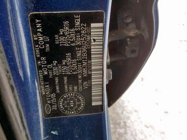 KM8JM12B36U252822 - 2006 HYUNDAI TUCSON GL BLUE photo 10