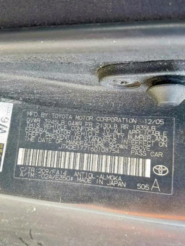 JTKDE177160108754 - 2006 TOYOTA SCION TC შავი ფოტო 10