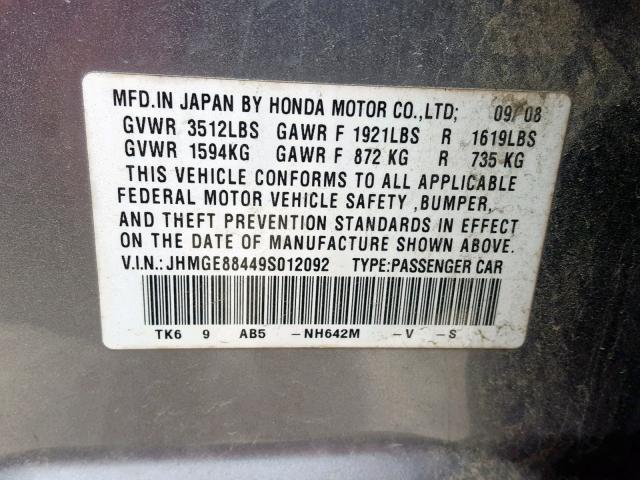 JHMGE88449S012092 - 2009 HONDA FIT SPORT SILVER photo 10