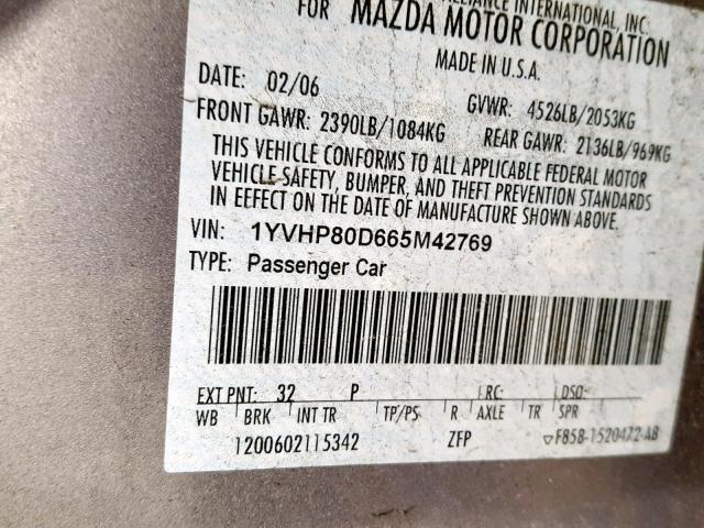 1YVHP80D665M42769 - 2006 MAZDA 6 S GRAY photo 10