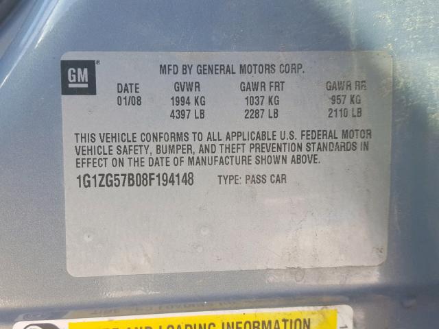 1G1ZG57B08F194148 - 2008 CHEVROLET MALIBU LS BLUE photo 10