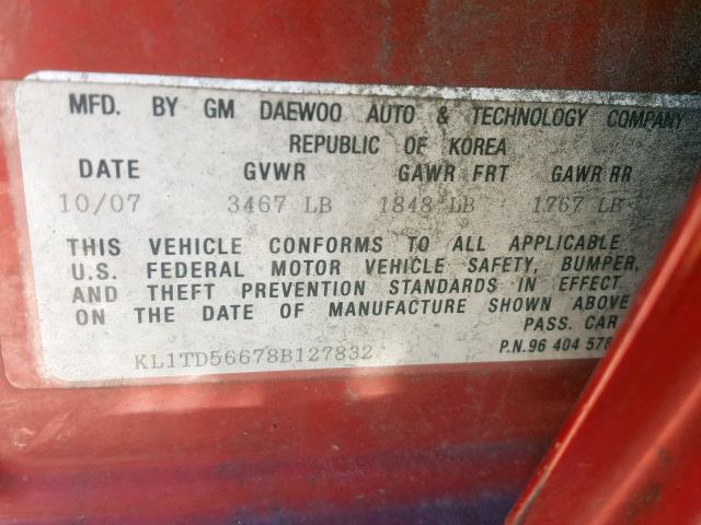 KL1TD56678B127832 - 2008 CHEVROLET AVEO BASE Қызыл фото 10