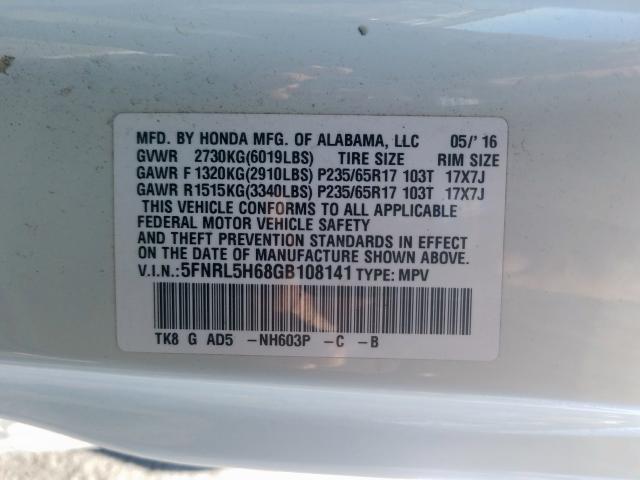 5FNRL5H68GB108141 - 2016 HONDA ODYSSEY EXL  photo 10