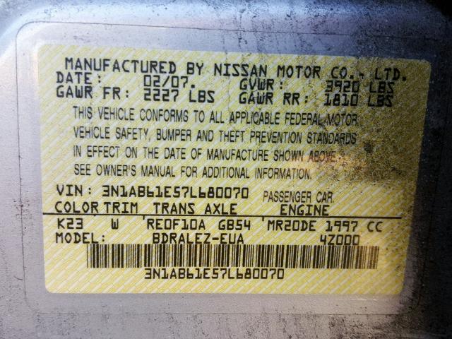 3N1AB61E57L680070 - 2007 NISSAN SENTRA 2.0 SILVER photo 10