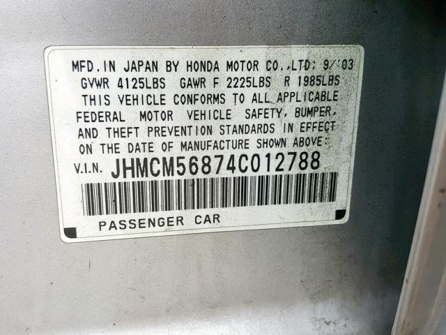 JHMCM56874C012788 - 2004 HONDA ACCORD EX SILVER photo 10