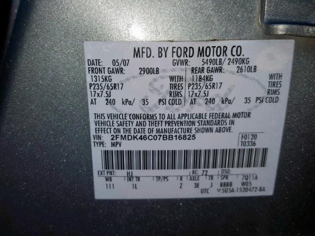 2FMDK46C07BB16825 - 2007 FORD EDGE SE GRAY photo 10