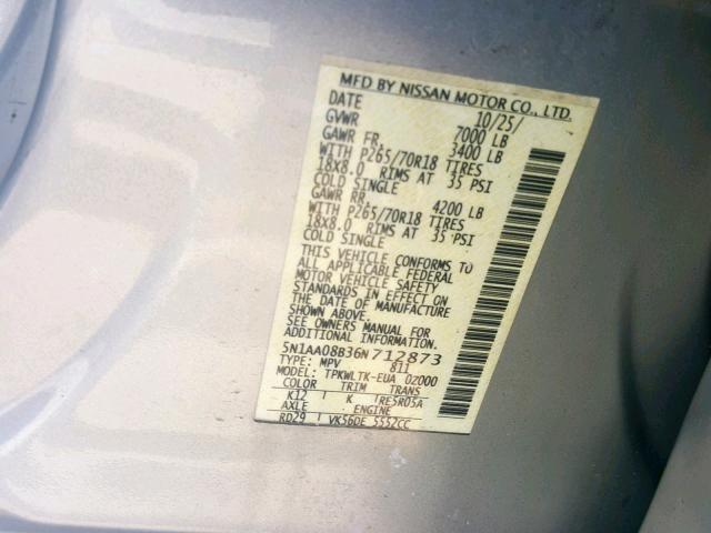 5N1AA08B36N712873 - 2006 NISSAN ARMADA SE SILVER photo 10