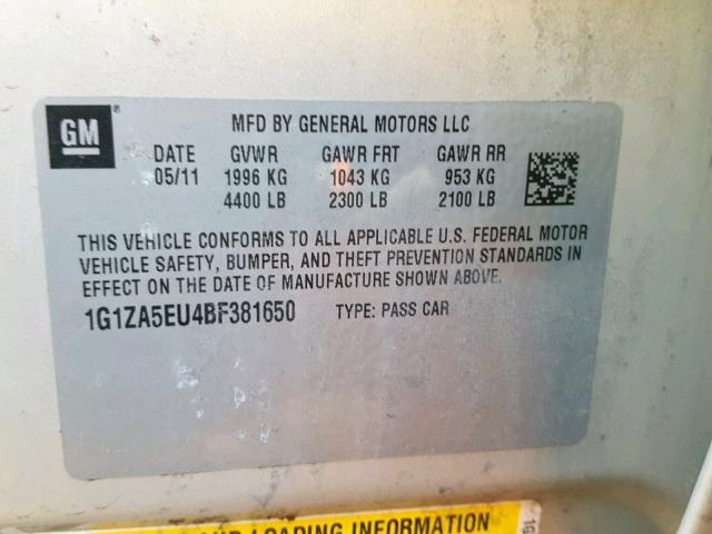 1G1ZA5EU4BF381650 - 2011 CHEVROLET MALIBU LS BEIGE photo 10