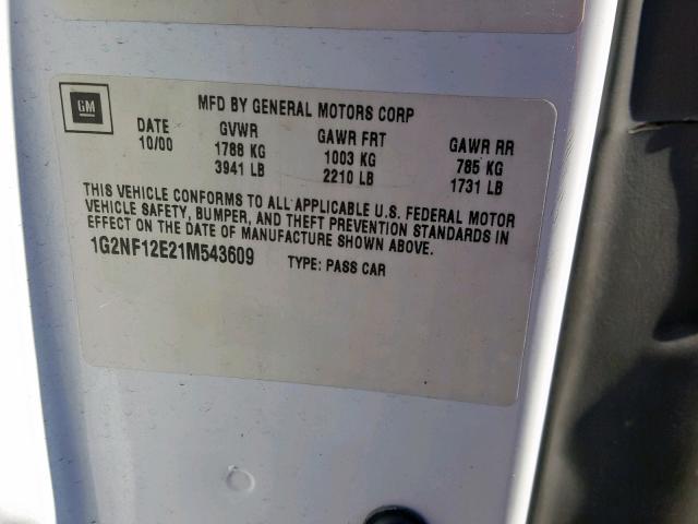 1G2NF12E21M543609 - 2001 PONTIAC GRAND AM S WHITE photo 10