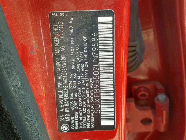 5UXFB93502LN79586 - 2002 BMW X5 4.6IS RED photo 10