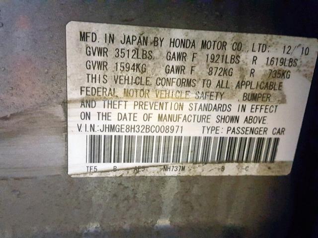 JHMGE8H32BC008971 - 2011 HONDA FIT GRAY photo 10