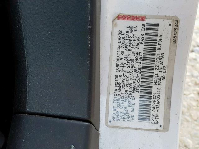 JTDDR32T230146677 - 2003 TOYOTA CELICA GT WHITE photo 10