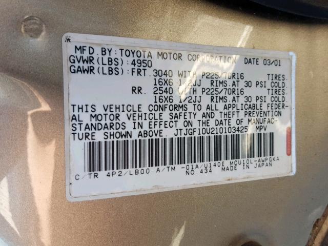 JTJGF10U210103425 - 2001 LEXUS RX 300 GOLD photo 10