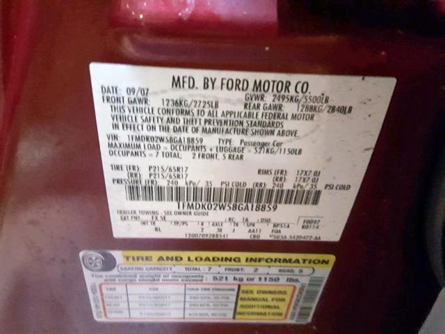 1FMDK02W58GA18859 - 2008 FORD TAURUS X S MAROON photo 10