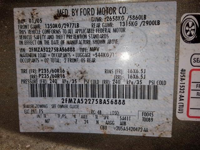 2FMZA52275BA56888 - 2005 FORD FREESTAR S GREEN photo 10