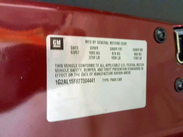 1G2AL15F877304441 - 2007 PONTIAC G5 MAROON photo 10