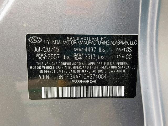 5NPE34AF1GH274084 - 2016 HYUNDAI SONATA SPO SILVER photo 10