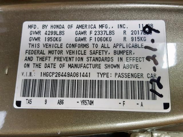 1HGCP26449A061441 - 2009 HONDA ACCORD LXP GOLD photo 10