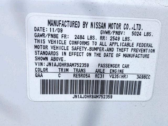 JN1AJ0HR9AM752359 - 2010 INFINITI EX35 BASE WHITE photo 10