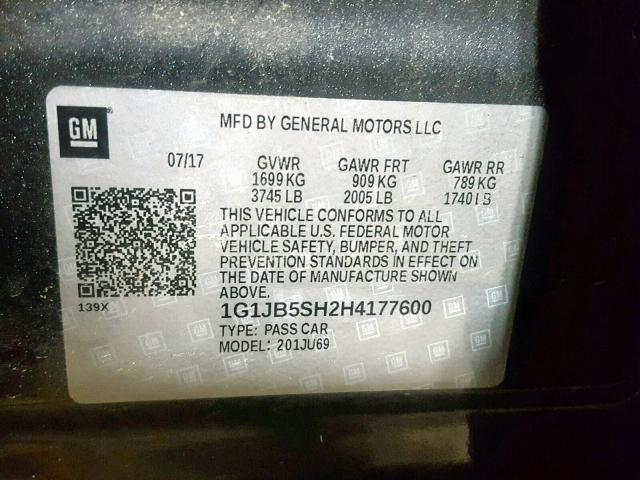 1G1JB5SH2H4177600 - 2017 CHEVROLET SONIC LS 灰色 照片 10