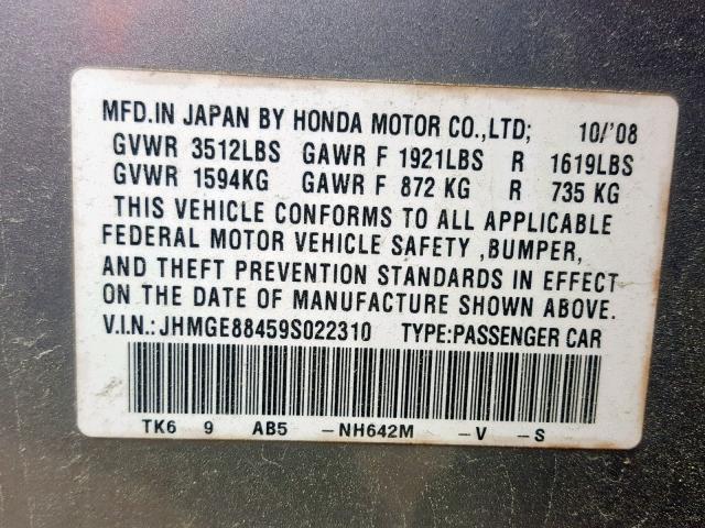 JHMGE88459S022310 - 2009 HONDA FIT SPORT SILVER photo 10