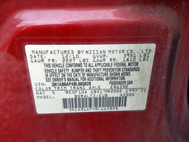 3N1AB6AP4BL665828 - 2011 NISSAN SENTRA 2.0 RED photo 10