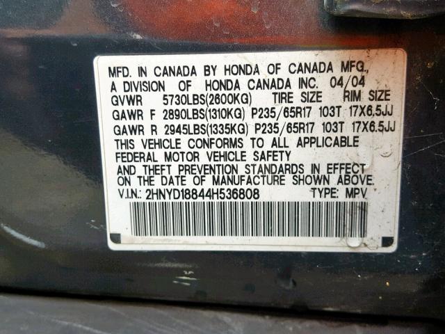 2HNYD18844H536808 - 2004 ACURA MDX TOURIN BLUE photo 10