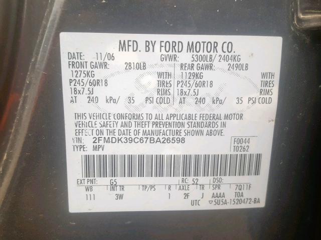 2FMDK39C67BA26598 - 2007 FORD EDGE SEL P GRAY photo 10