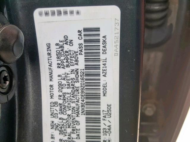 1NXBE40E99Z016521 - 2009 TOYOTA COROLLA XR GRAY photo 10