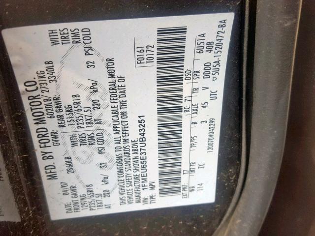 1FMEU65E37UB43251 - 2007 FORD EXPLORER L GRAY photo 10