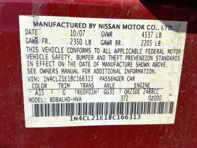 1N4CL21E18C166313 - 2008 NISSAN ALTIMA HYB RED photo 10