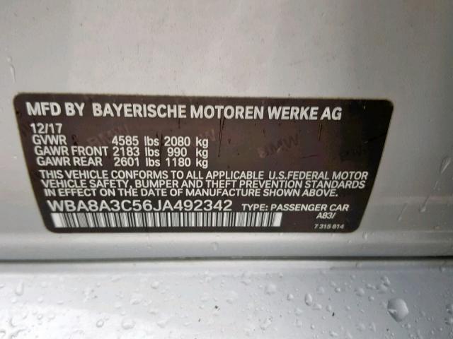 WBA8A3C56JA492342 - 2018 BMW 320 XI SILVER photo 10