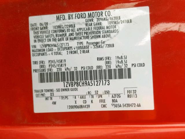 1ZVBP8CH9A5127173 - 2010 FORD MUSTANG GT RED photo 10