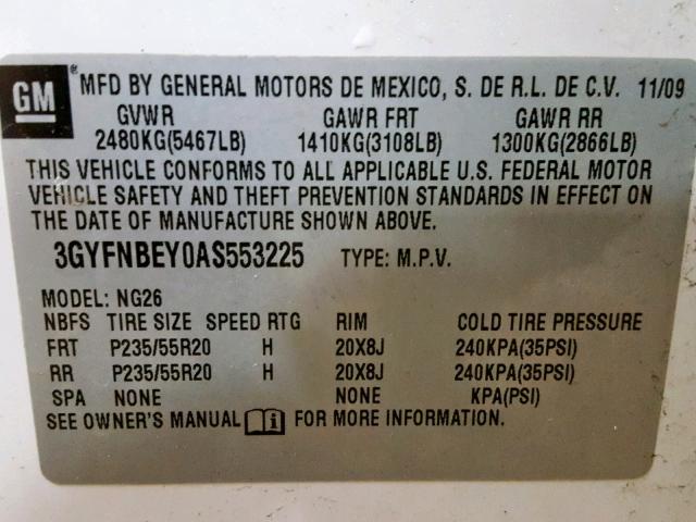 3GYFNBEY0AS553225 - 2010 CADILLAC SRX PERFOR WHITE photo 10