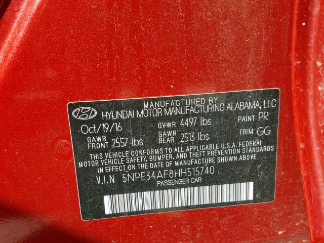 5NPE34AF8HH515740 - 2017 HYUNDAI SONATA SPO RED photo 10