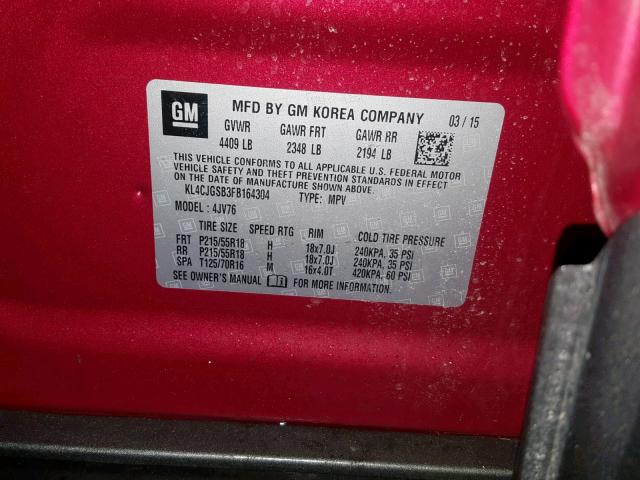 KL4CJGSB3FB164304 - 2015 BUICK ENCORE RED photo 10