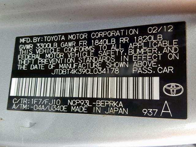 JTDBT4K39CL034178 - 2012 TOYOTA YARIS SILVER photo 10