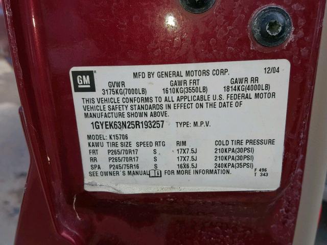 1GYEK63N25R193257 - 2005 CADILLAC ESCALADE L MAROON photo 10