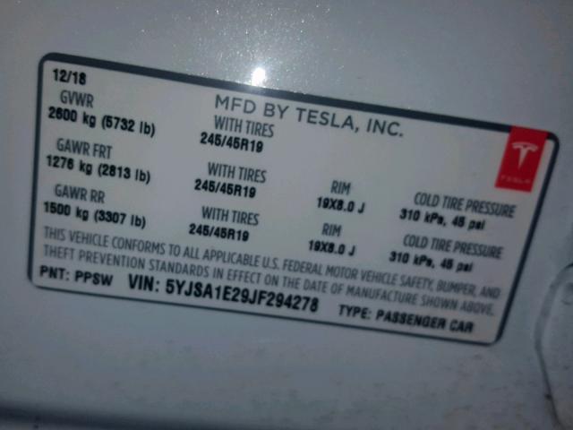 5YJSA1E29JF294278 - 2018 TESLA MODEL S أبيض صورة 10