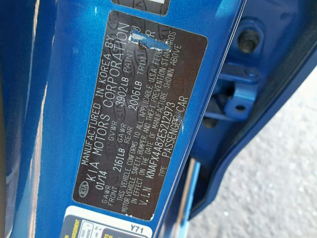 KNAFX4A82E5212973 - 2014 KIA FORTE EX BLUE photo 10