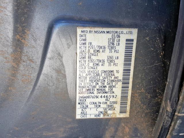 1N6AD07U26C446592 - 2006 NISSAN FRONTIER C GRAY photo 10