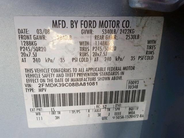 2FMDK39C08BA81081 - 2008 FORD EDGE LIMIT BLUE photo 10